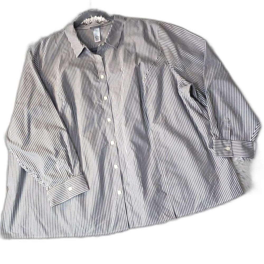 Catherines Non Iron Button Down Shirt Gray White Pinstripe Long Sleeve 4X Cotton